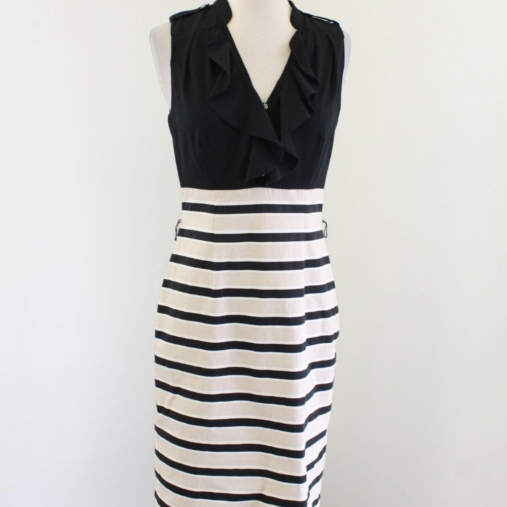 White House Black Market Black Beige Striped Ruffle Sheath Dress Size 4‎ V-Neck